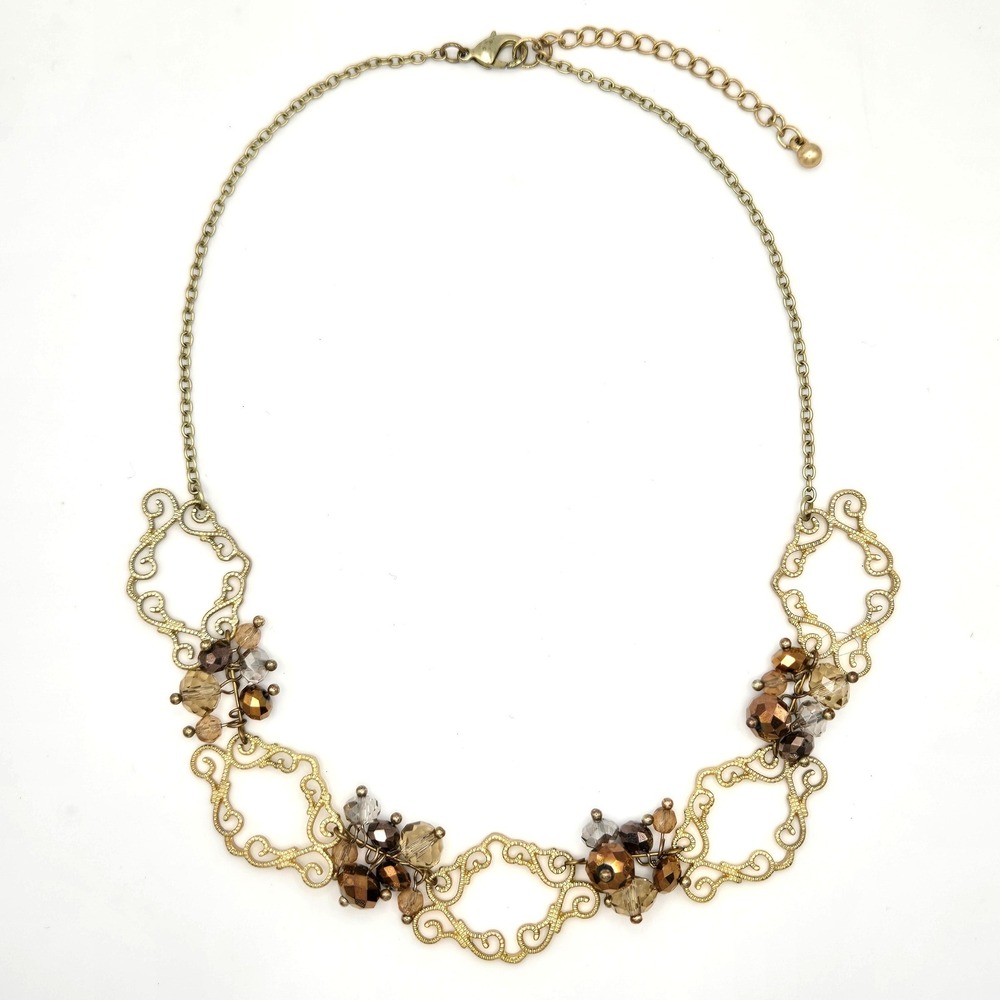 Gold Tone Filigree Cluster Glass Beaded Statement Necklace Delicate Fairy - Picture 3 of 4